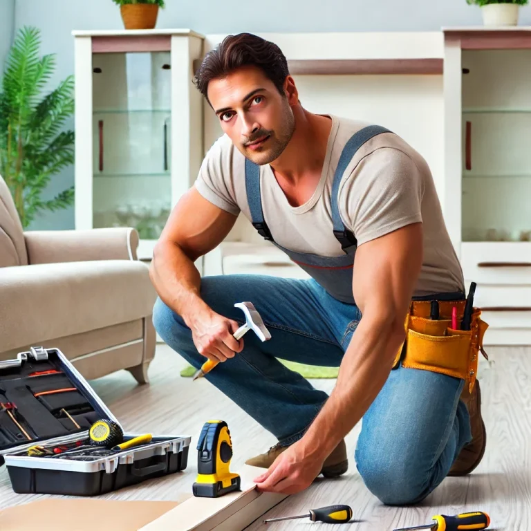 A man wearing gloves uses a tool to work on a door frame.